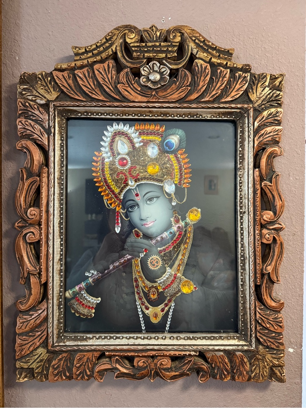 Framed Blue Krishna Art Print with Ornate Gold Frame
